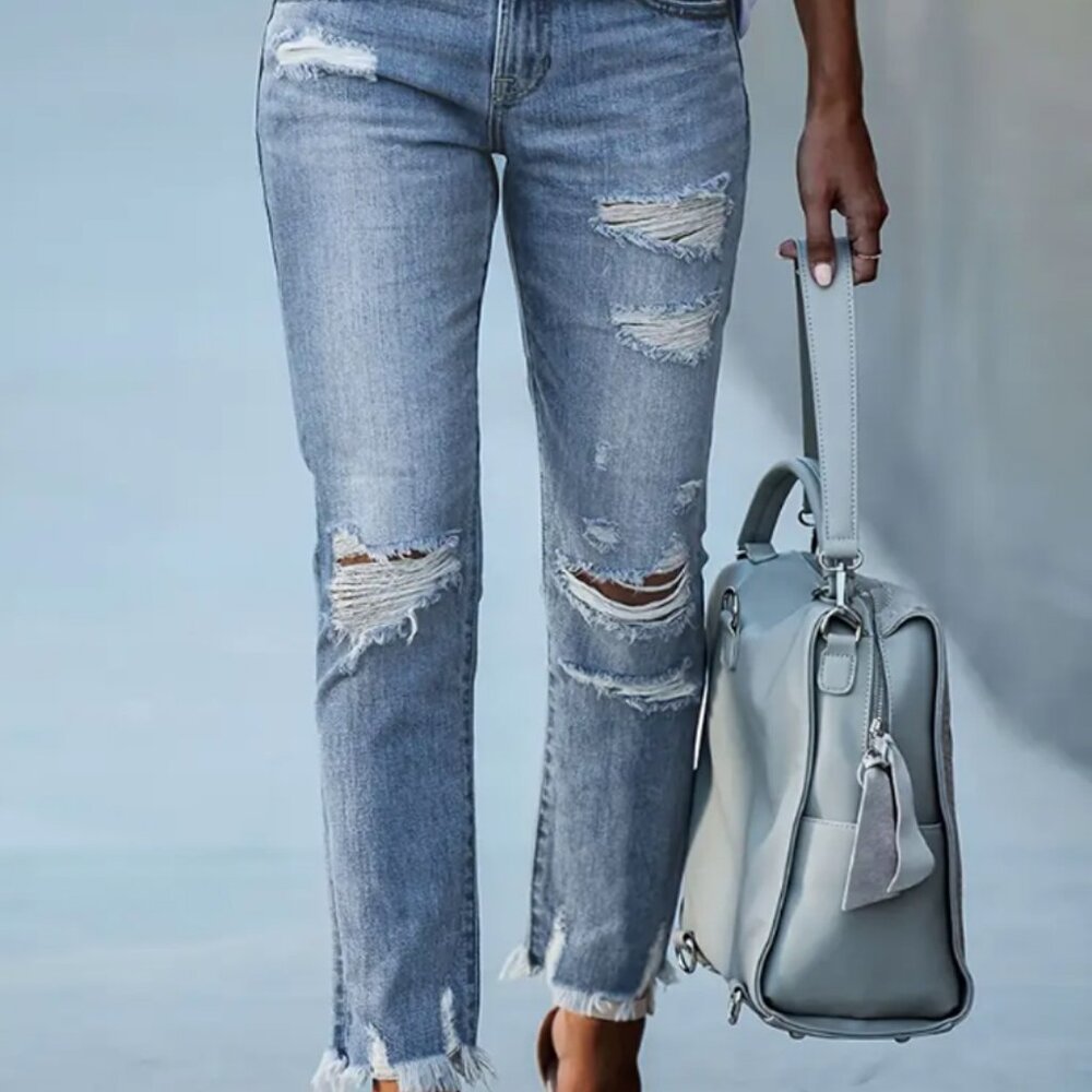 Light Wash Skinny Jeans with Ripped Hem - Size Small